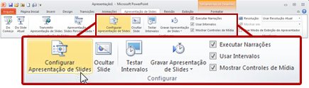 Grupo Configuração na guia Apresentação de Slides na faixa de opções do PowerPoint 2010