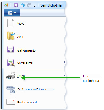 Imagem do menu Pintar mostrando letras sublinhadas em comandos de menu