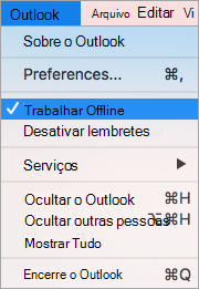 Mostra a opção Trabalhar Offline selecionada no menu do Outlook