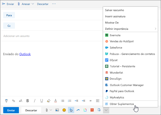 Uma captura de tela mostra uma mensagem de email com a opção Obter suplementos selecionada.