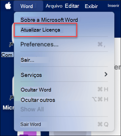 Localizando o botão Atualizar Licença no Microsoft Word no MacOS.