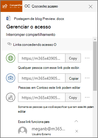 Captura de tela do painel gerenciar acesso mostrando links de compartilhamento.