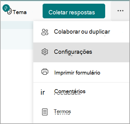 Captura de tela do menu Mais reticências de configurações de formulário.