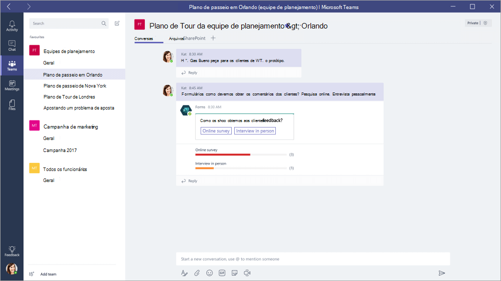 Respondendo a um QuickPoll do Microsoft Forms no Microsoft Teams