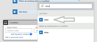 Uma coleção de valores está listada em Get itens ao adicionar uma condição