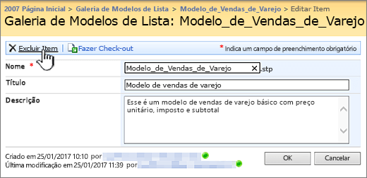 Editar página de modelo de lista com a exclusão realçada.