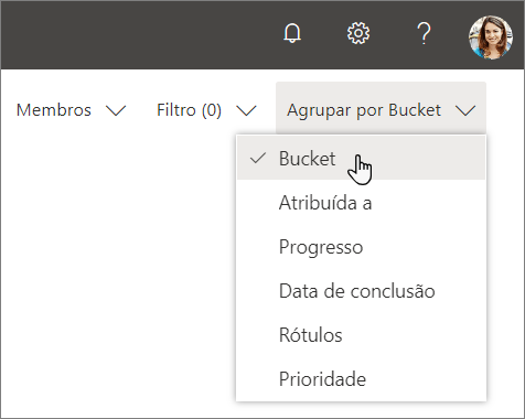 Captura de tela mostrando o menu suspenso Agrupar, no Planner, escolhendo o Bucket