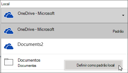 A caixa de diálogo Salvar arquivo no Office 365 mostrando a lista de pastas expandida para que o cliente possa alterar a pasta de salvamento padrão