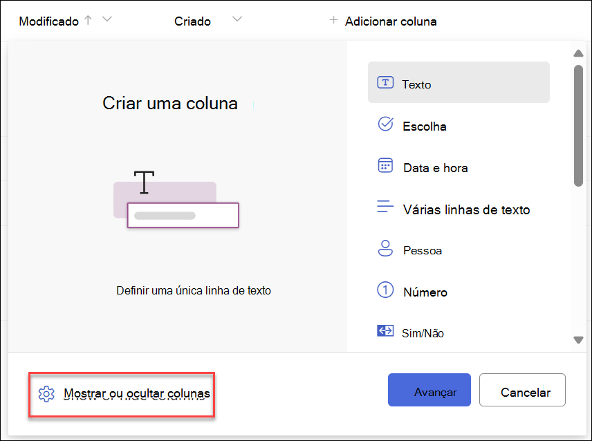 Captura de tela de Mostrar colunas de ocultação selecionadas