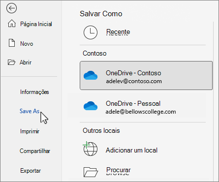 Caixa de diálogo Salvar como mostrando o OneDrive