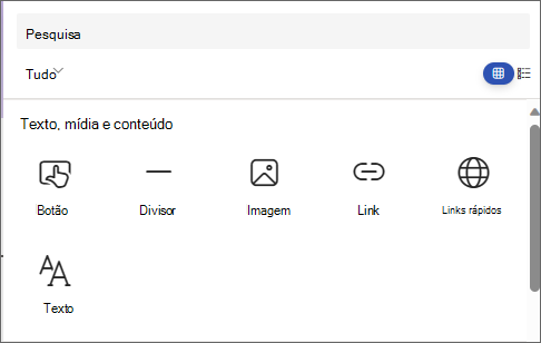 Captura de ecrã do painel para selecionar uma peça Web, com Botão, Separador, Imagem, Ligação, Ligações rápidas e Texto.