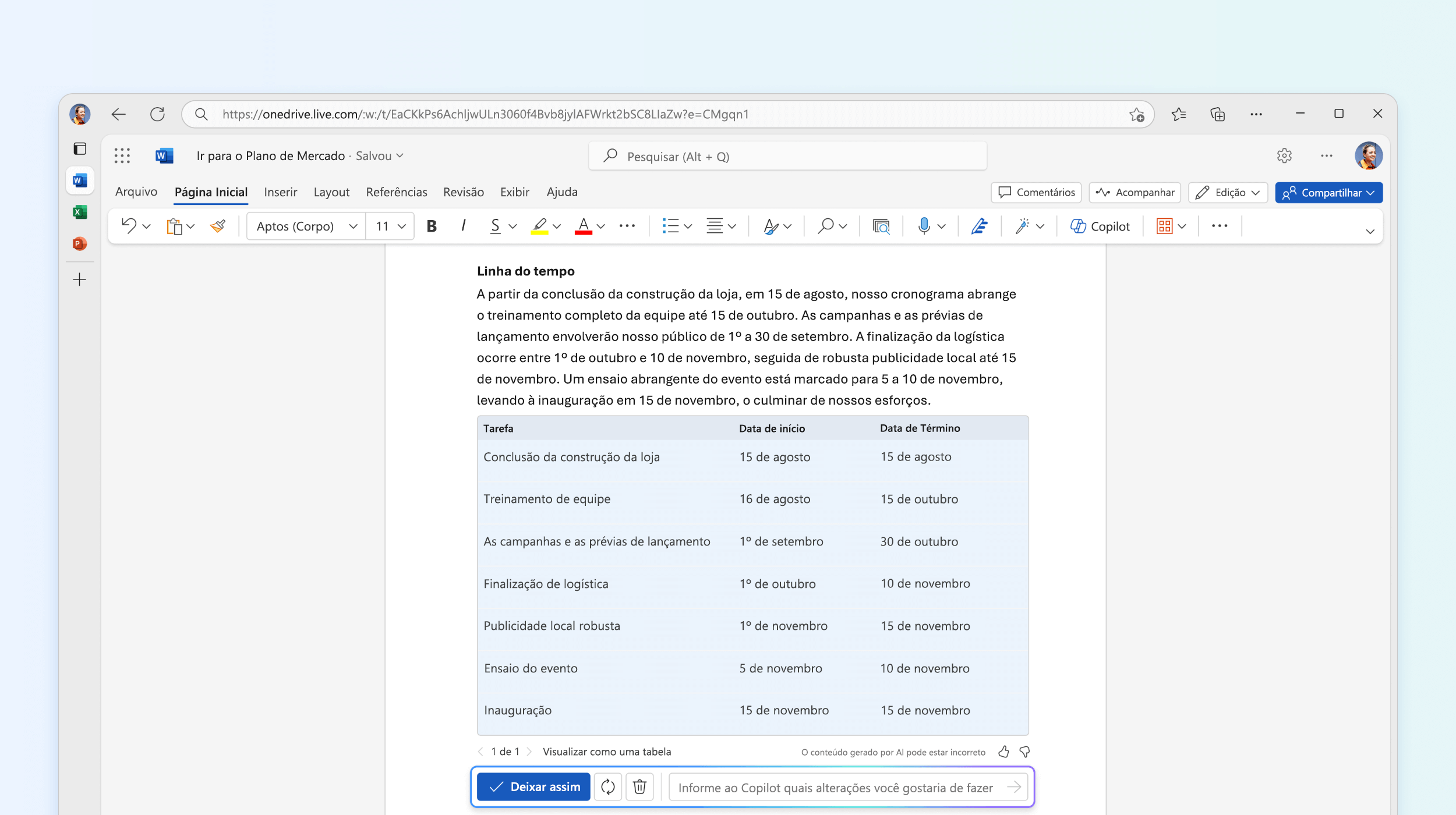 Captura de tela do texto em tabela no Copilot em Word