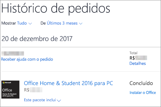 Mostra a página Histórico de pedidos na Microsoft Store
