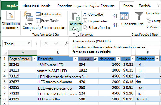 Planilha do Excel com a lista importada e o botão Atualizar Tudo realçado.