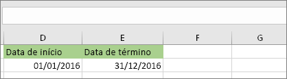 A data inicial na célula D53 é 01/01/2016, a data final está na célula E53 é 31/12/2016