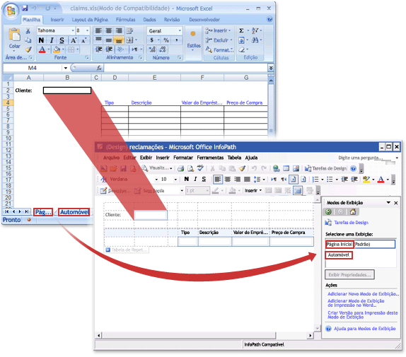 Uma pasta de trabalho do Excel antes e depois de ser convertida em um modelo de formulário do InfoPath.