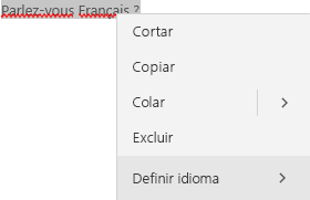 Texto em francês selecionado mostrando o menu contextual de como definir o idioma.