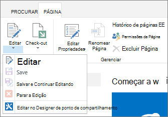 Faixa de opções de página mostrando botões desabilitados