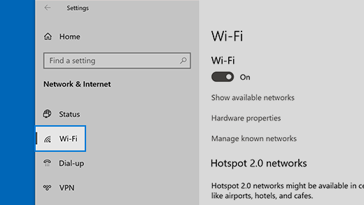 Ícone e Wi-Fi devem estar na lista de & internet de rede