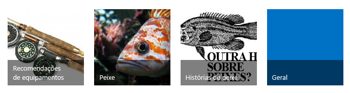 Quatro mosaicos de categoria, cada um com uma imagem de pescaria e um título