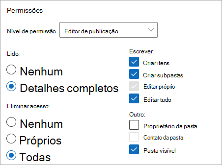 Captura de ecrã a mostrar o Editor de publicação selecionado como nível de permissão