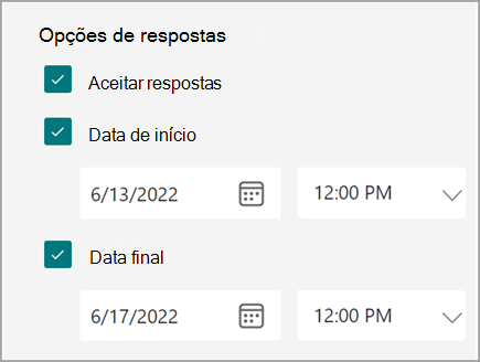 Captura de tela das configurações de formulário/teste em que os usuários podem definir uma data de início e de término para respostas.