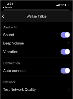 Tela de configurações do Walkie Talkie, mostrando as configurações do usuário