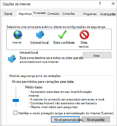 Guia Segurança de opções do Internet Explorer, mostrando o botão nível personalizado
