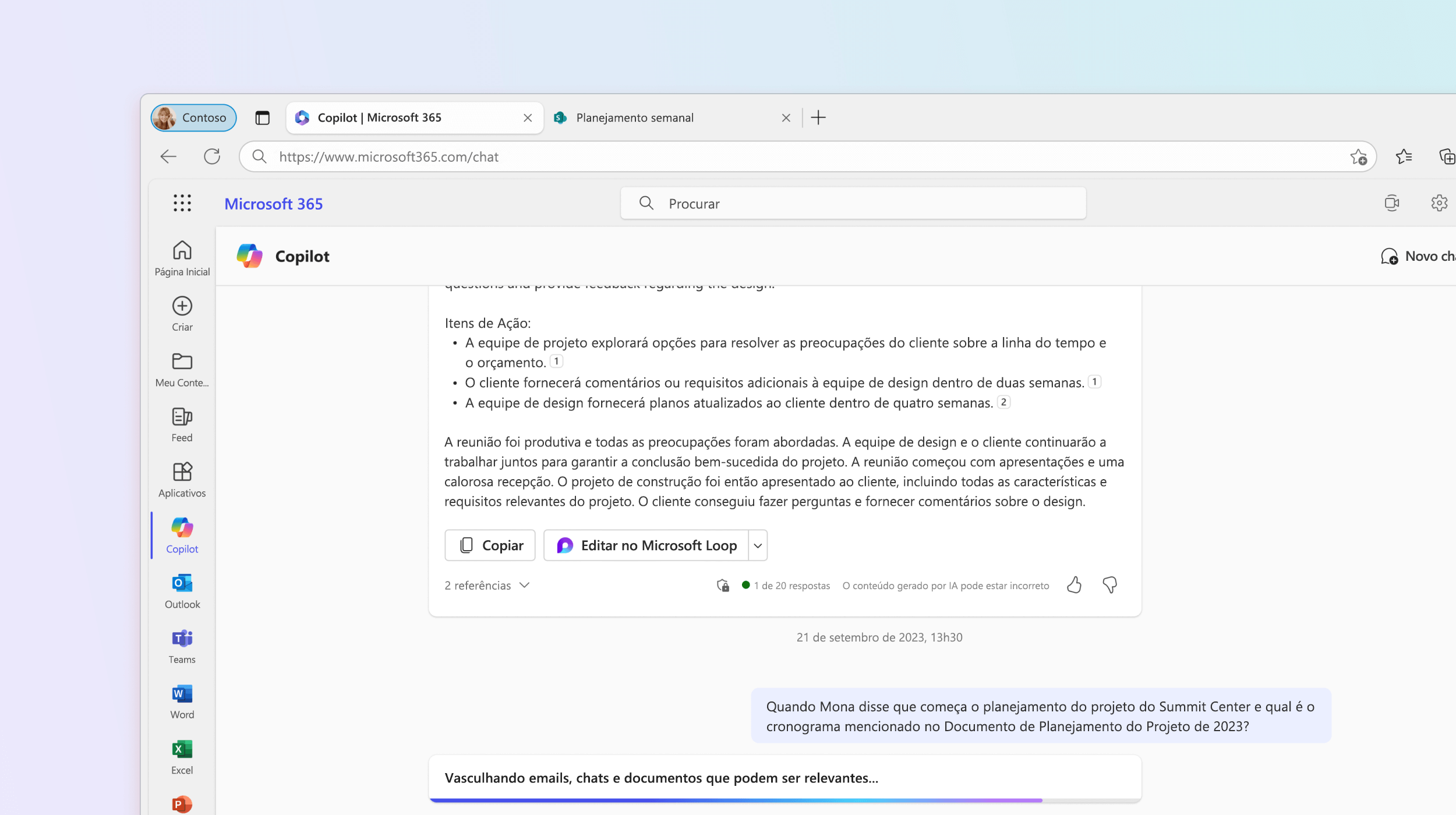 A captura de tela mostra o Microsoft 365 Chat respondendo a uma pergunta sobre o planejamento do projeto.