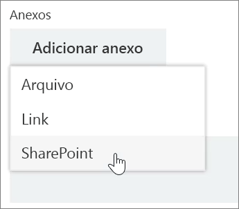 Captura de tela da área Anexos de uma janela de tarefas com a lista Anexar aberta.