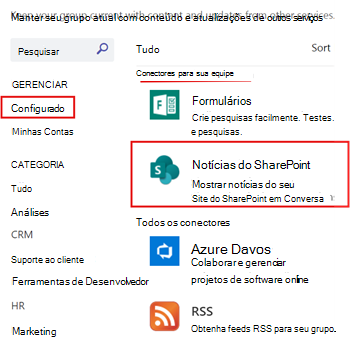 A mostrar o SharePoint News configurado para um canal do Teams