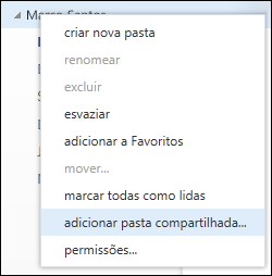 Opção de menu Adicionar pasta compartilhada ao clicar com o botão direito do mouse no Outlook Web App