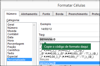 Exemplo de como usar a caixa de diálogo Formatar > Células > Número > Personalizado para que o Excel crie cadeias de caracteres de formato para você.
