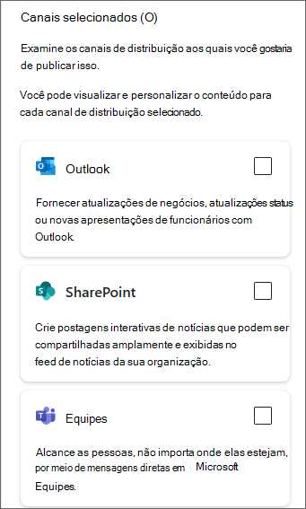 Captura de tela do painel lateral mostrando caixas de seleção para Outlook, SharePoint e Teams.