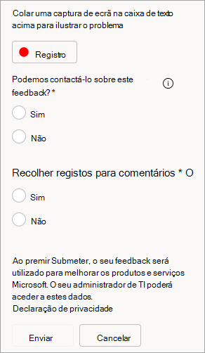 Captura de tela mostrando a opção para permitir contato e enviar logs ao enviar comentários