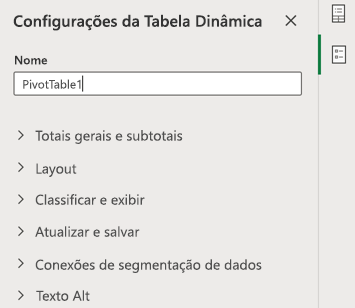 Painel de Configurações da tabela dinâmica no Excel para a Web