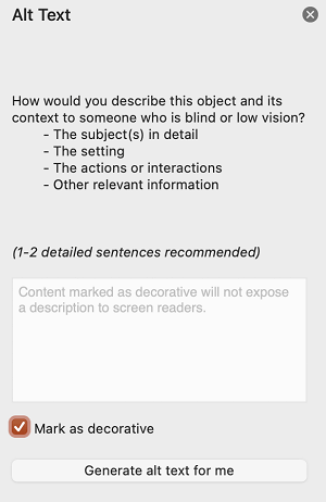 A caixa de seleção Marcar como decorativa selecionada no painel Texto Alt no PowerPoint para Mac.