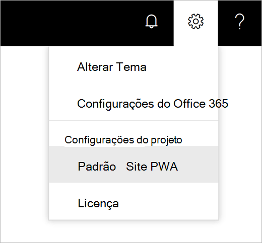 Captura de tela do menu de ícone de engrenagem configurações com o ponteiro escolhendo site padrão do PWA