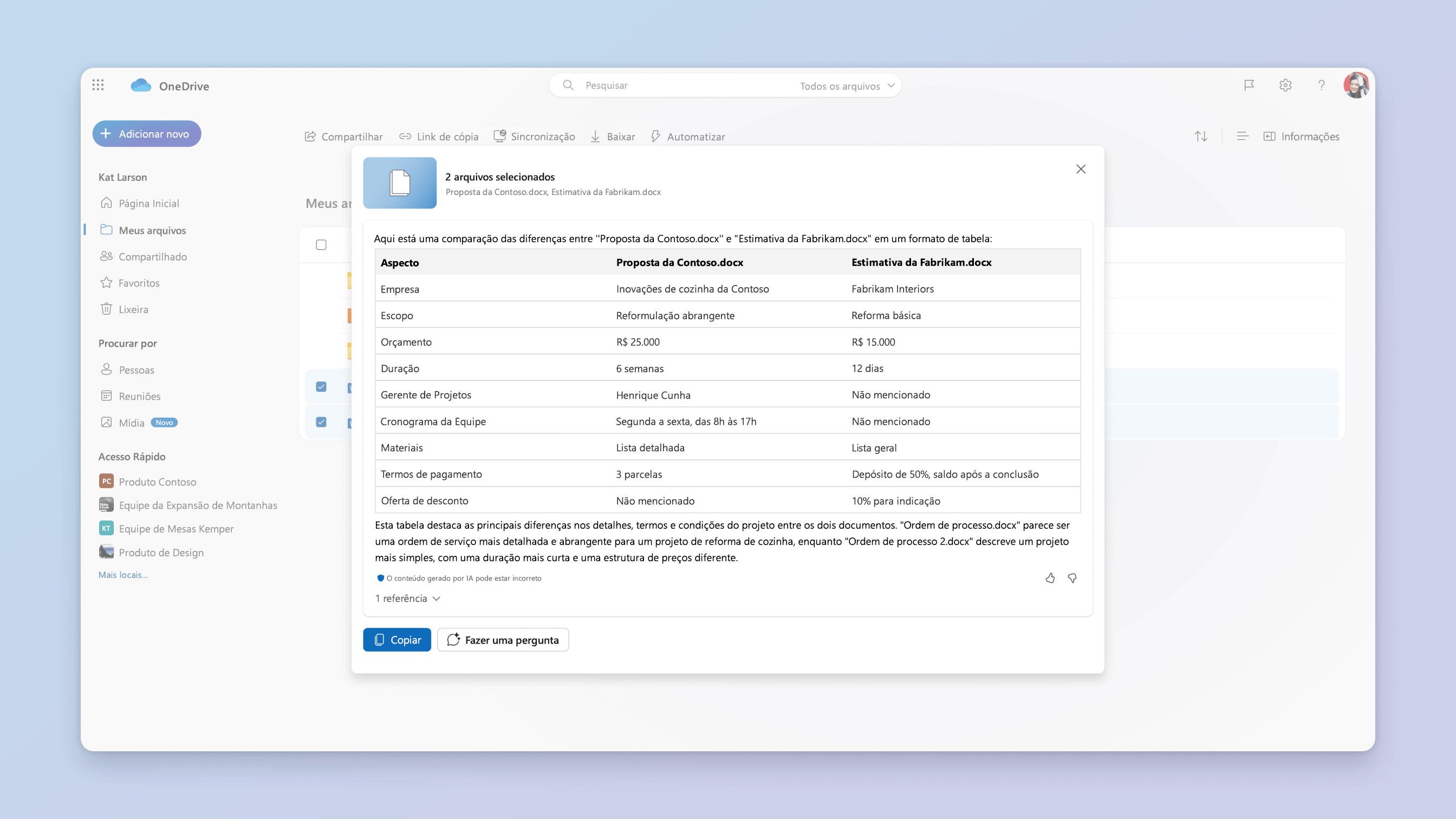 Captura de tela do cenário de comparação de arquivos do Copilot no OneDrive