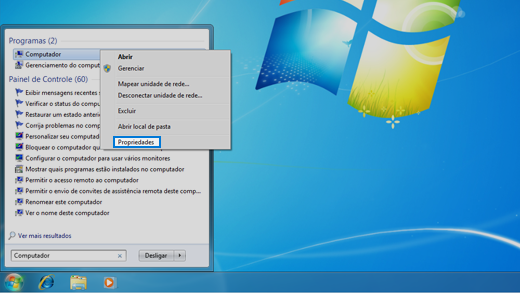 Painel de controle no sistema operacional Windows 7.