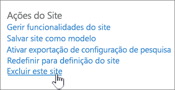 Menu configurações do site com Excluir este site realçado