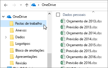 Windows Explorer, pasta OneDrive, arquivos do Excel