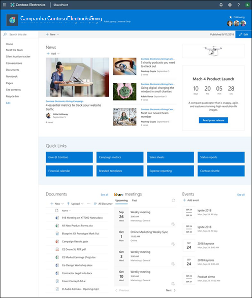 Home Page do site de equipe do SharePoint
