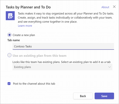 A caixa de diálogo que você obtém ao ir para adicionar uma guia Tarefas por Planner e Fazer em um canal do Teams.