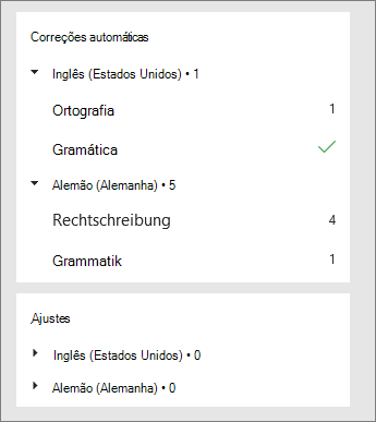 Correções e Aprimoramentos são listados por idioma no painel Editor.