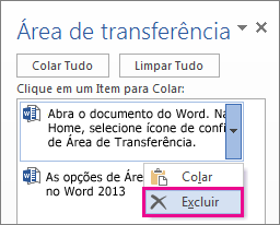 Excluindo um item da área de transferência do Word 2013