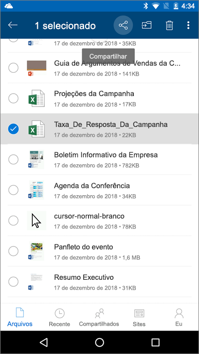 Captura de tela do aplicativo móvel do OneDrive com um arquivo selecionado e ícone de carregamento destacado