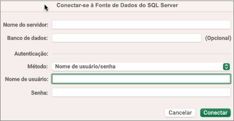 Caixa de diálogo do SQL Server para inserir servidor, banco de dados e credenciais