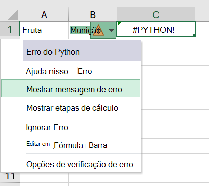 Um erro em uma célula Python no Excel, com o menu de erro aberto.