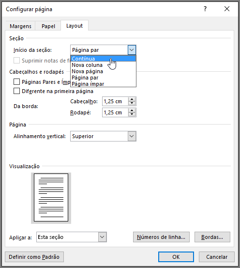 A caixa de diálogo Configurar página contém as opções de configuração de página avançada.